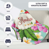Tropical Hibiscus Flowers Plumeria Leaves Exotic Floral Mint  Personalised Custom Name Super Soft Fleece Blanket Bed Sofa Throw
