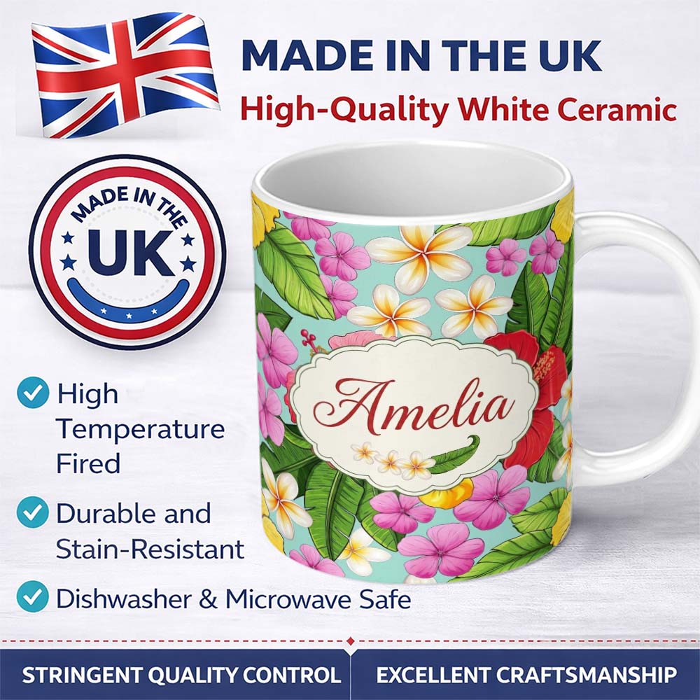 Personalized Custom Name Tropical Hibiscus Flowers Plumeria Leaves Exotic Floral Mint 11oz Ceramic Coffee Tea Mug White Large Handle