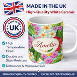 Personalized Custom Name Tropical Hibiscus Flowers Plumeria Leaves Exotic Floral Mint 11oz Ceramic Coffee Tea Mug White Large Handle