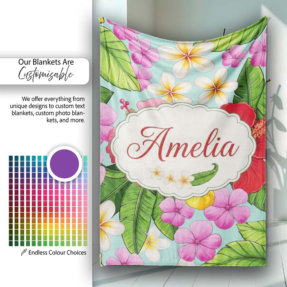 Tropical Hibiscus Flowers Plumeria Leaves Exotic Floral Mint  Personalised Custom Name Super Soft Fleece Blanket Bed Sofa Throw
