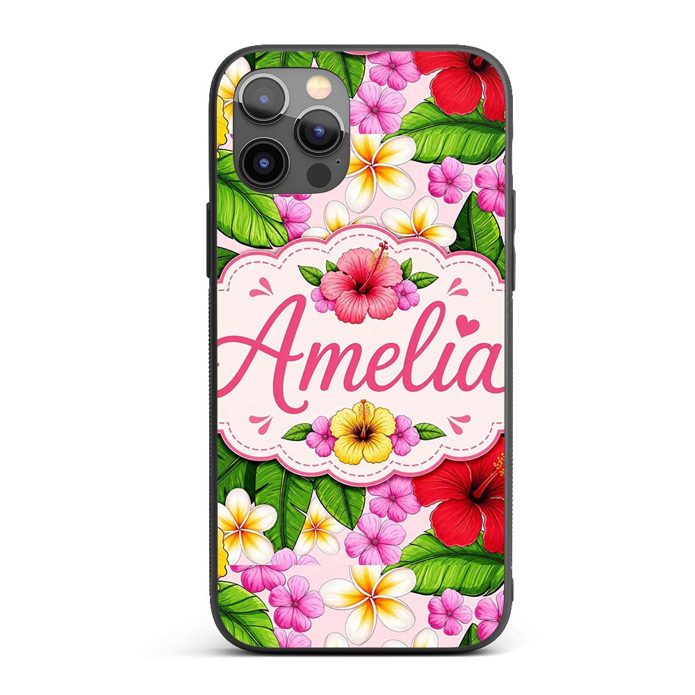 Hibiscus Flowers Plumeria Leaves Exotic Floral Custom Name Protective Phone Case Mobile Cover Durable Everyday Smartphone Shock Resistant