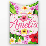 Hibiscus Flowers Plumeria Leaves Exotic Floral Soft Pink Seamless  Personalised Custom Name Super Soft Fleece Blanket Bed Sofa Throw