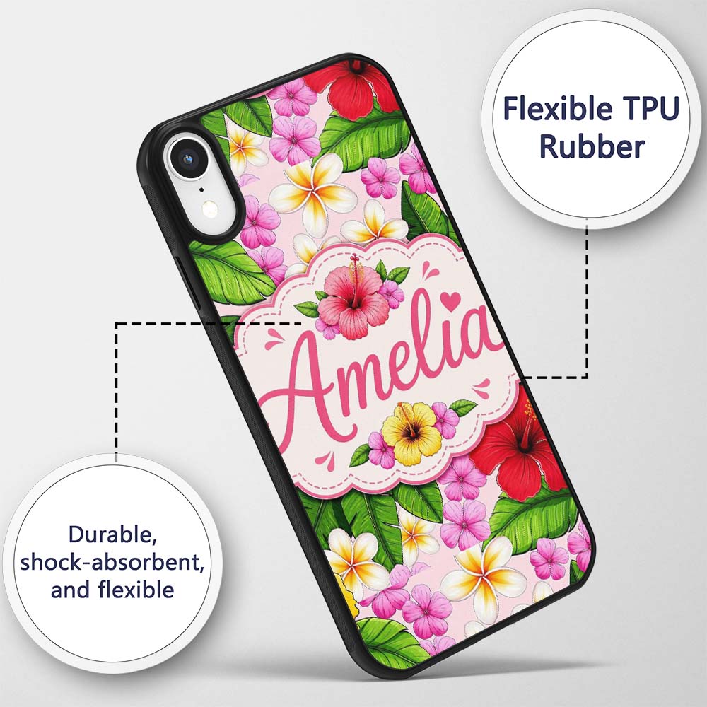 Hibiscus Flowers Plumeria Leaves Exotic Floral Custom Name Protective Phone Case Mobile Cover Durable Everyday Smartphone Shock Resistant