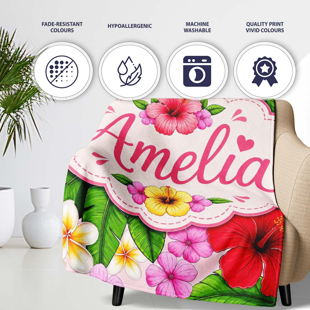 Hibiscus Flowers Plumeria Leaves Exotic Floral Soft Pink Seamless  Personalised Custom Name Super Soft Fleece Blanket Bed Sofa Throw