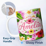 Personalized Custom Name Hibiscus Flowers Plumeria Leaves Exotic Floral Soft Pink Seamless 11oz Ceramic Coffee Tea Mug White Large Handle