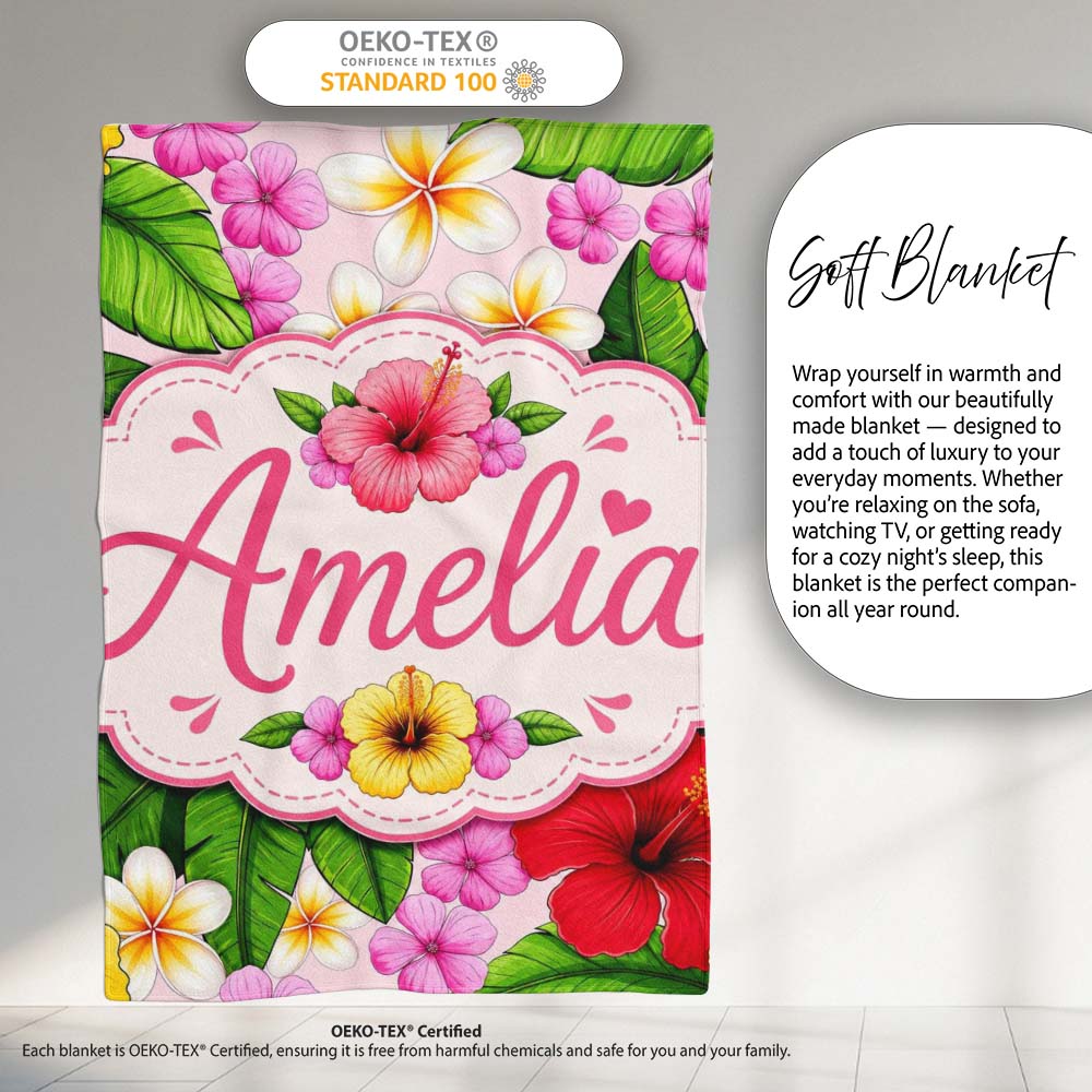 Hibiscus Flowers Plumeria Leaves Exotic Floral Soft Pink Seamless  Personalised Custom Name Super Soft Fleece Blanket Bed Sofa Throw