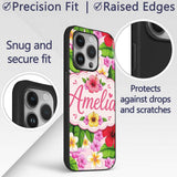 Hibiscus Flowers Plumeria Leaves Exotic Floral Custom Name Protective Phone Case Mobile Cover Durable Everyday Smartphone Shock Resistant