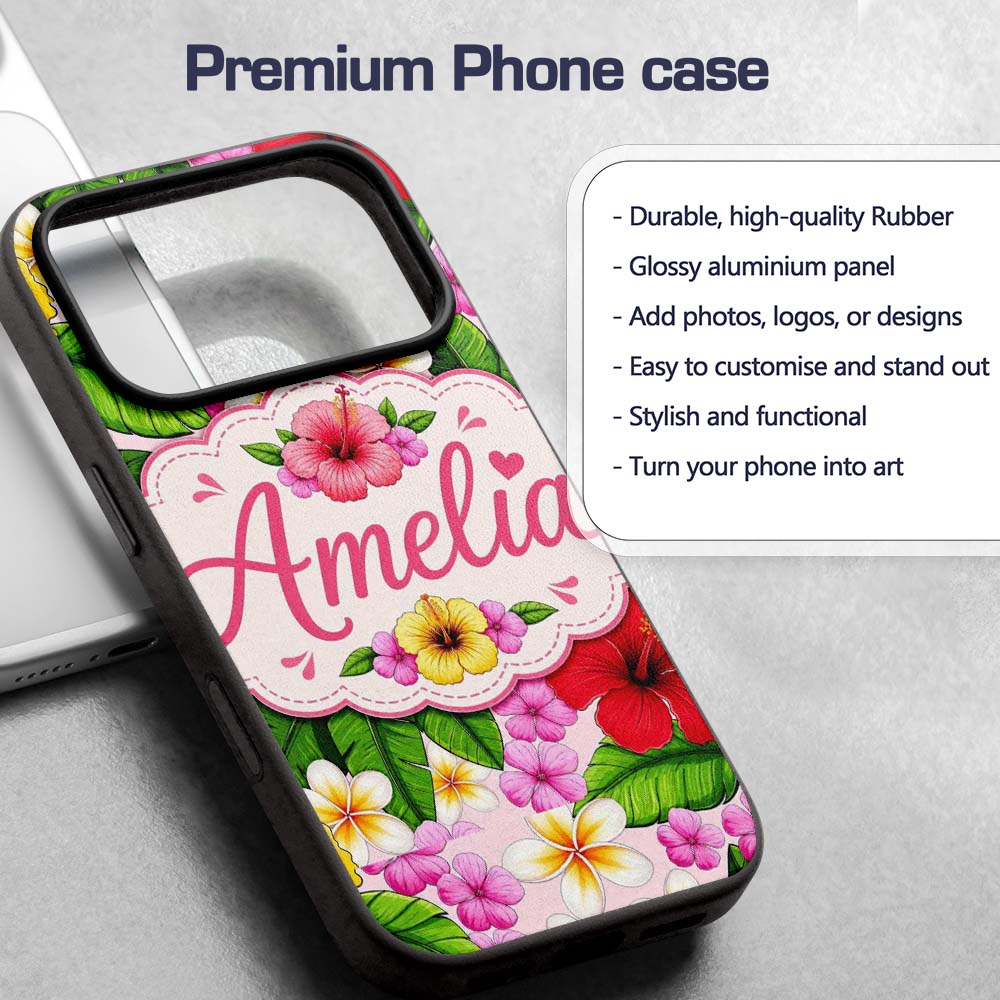 Hibiscus Flowers Plumeria Leaves Exotic Floral Custom Name Protective Phone Case Mobile Cover Durable Everyday Smartphone Shock Resistant