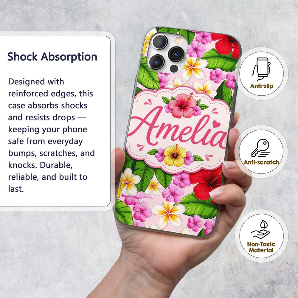 Hibiscus Flowers Plumeria Leaves Exotic Floral Custom Name Protective Phone Case Mobile Cover Durable Everyday Smartphone Shock Resistant