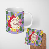 Personalized Custom Name Hibiscus Flowers Plumeria Leaves Exotic Floral Lavender Seamless 11oz Ceramic Coffee Tea Mug White Large Handle