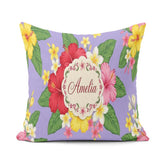 Custom Name Hibiscus Flowers Plumeria Leaves Lavender Seamless Square Filled Cushion Throw Pillow Sofa Bed Home Decor Zip Washable UK Made