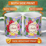 Personalized Custom Name Hibiscus Flowers Plumeria Leaves Exotic Floral Lavender Seamless 11oz Ceramic Coffee Tea Mug White Large Handle