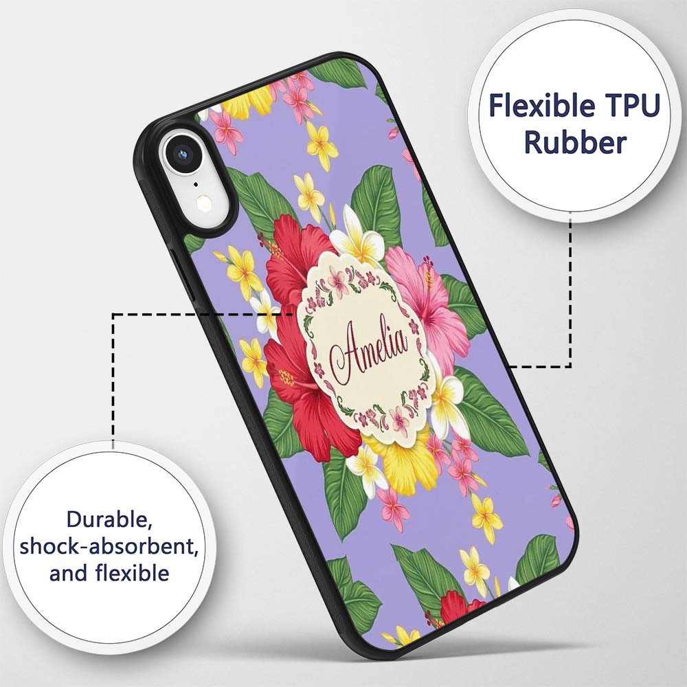 Hibiscus Flowers Plumeria Leaves Exotic Floral Custom Name Protective Phone Case Mobile Cover Durable Everyday Smartphone Shock Resistant