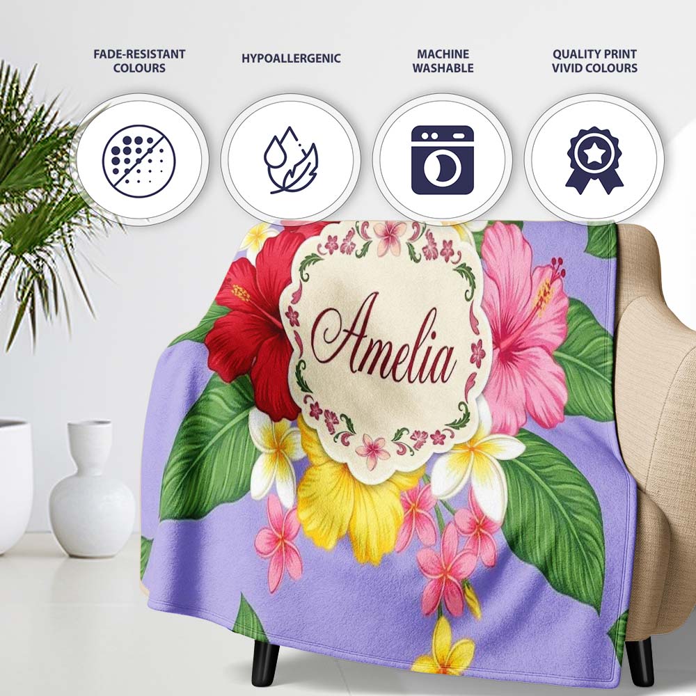 Hibiscus Flowers Plumeria Leaves Exotic Floral Lavender Seamless  Personalised Custom Name Super Soft Fleece Blanket Bed Sofa Throw