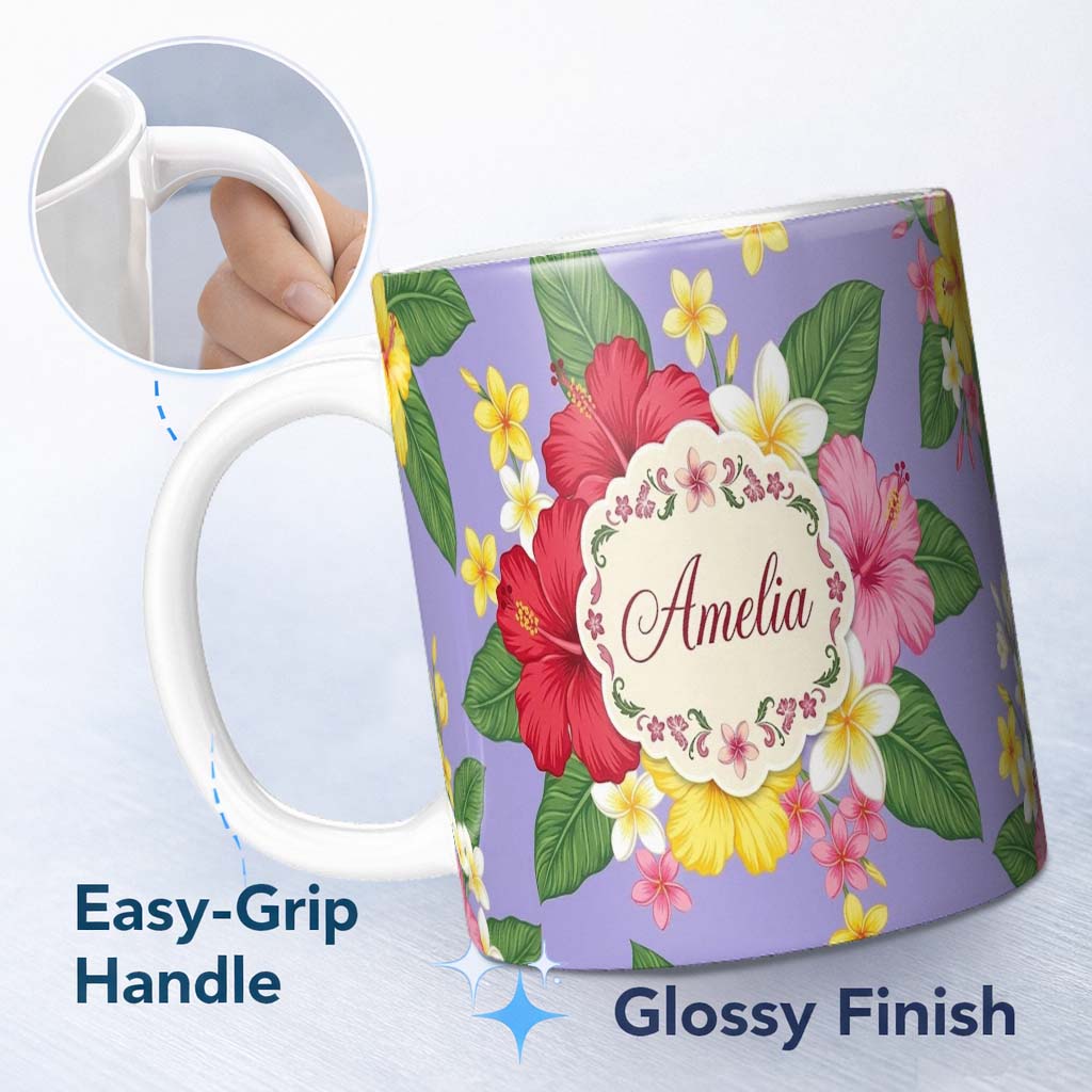 Personalized Custom Name Hibiscus Flowers Plumeria Leaves Exotic Floral Lavender Seamless 11oz Ceramic Coffee Tea Mug White Large Handle