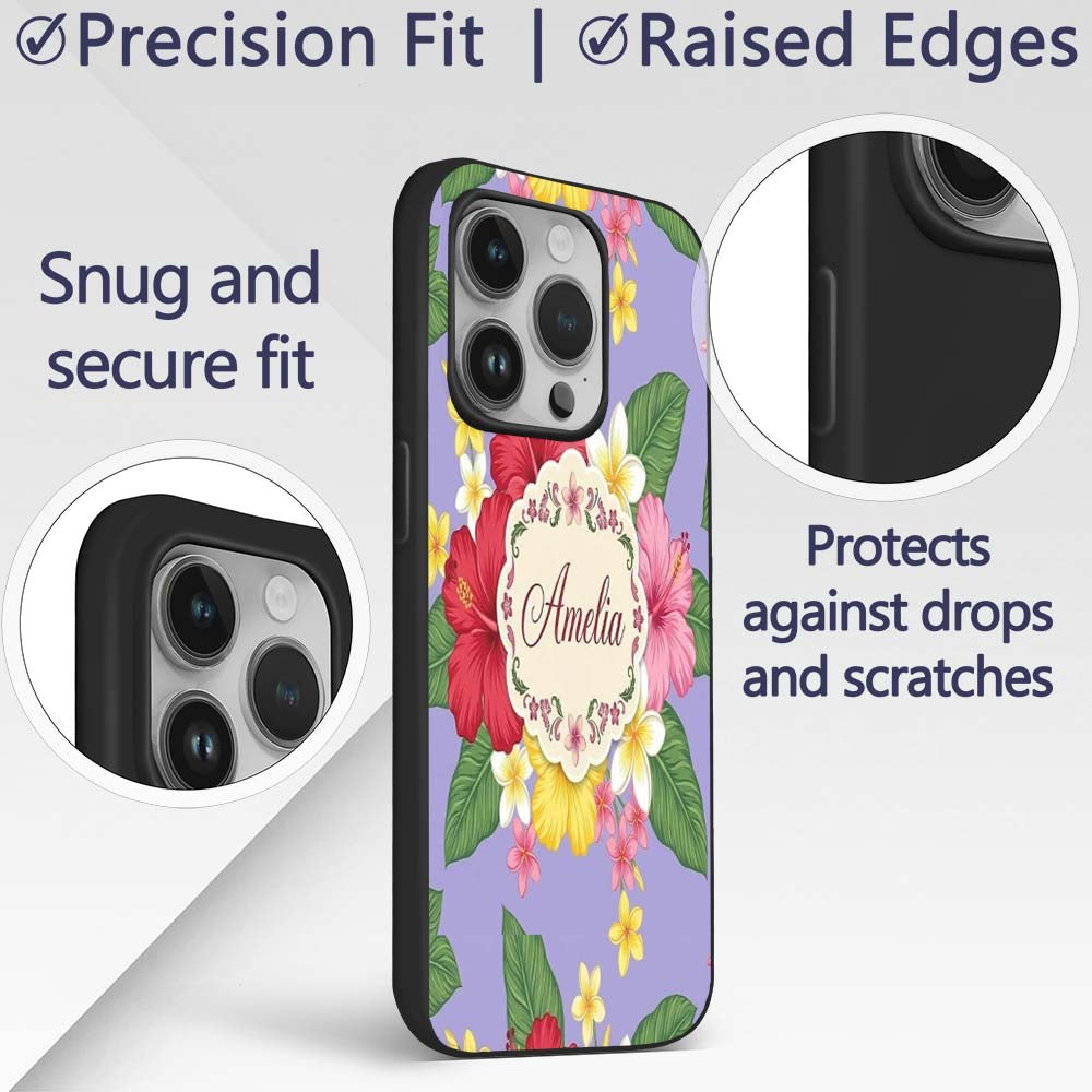Hibiscus Flowers Plumeria Leaves Exotic Floral Custom Name Protective Phone Case Mobile Cover Durable Everyday Smartphone Shock Resistant