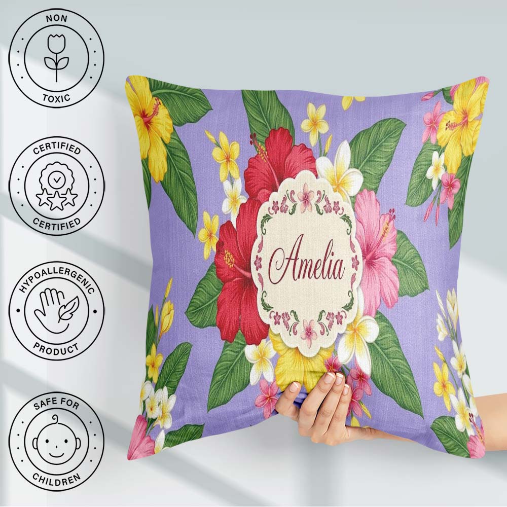 Custom Name Hibiscus Flowers Plumeria Leaves Lavender Seamless Square Filled Cushion Throw Pillow Sofa Bed Home Decor Zip Washable UK Made