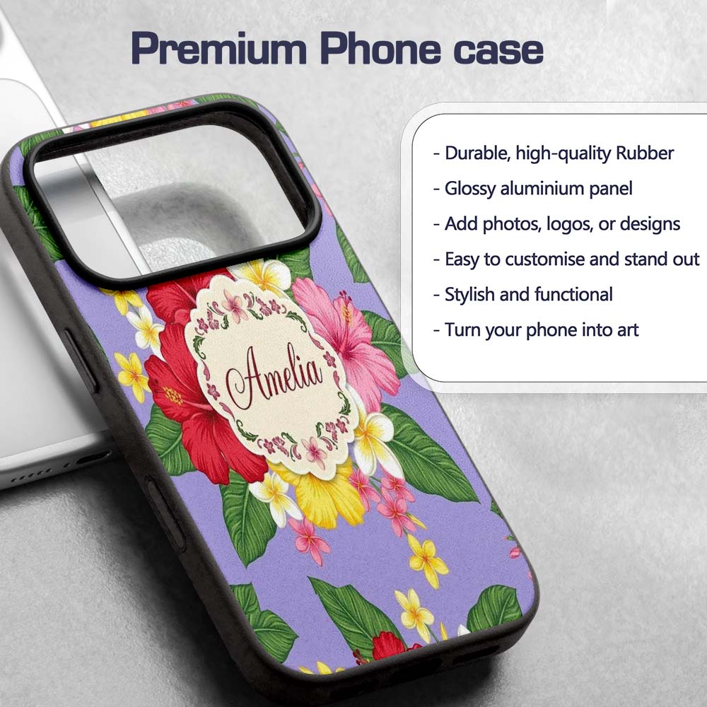 Hibiscus Flowers Plumeria Leaves Exotic Floral Custom Name Protective Phone Case Mobile Cover Durable Everyday Smartphone Shock Resistant