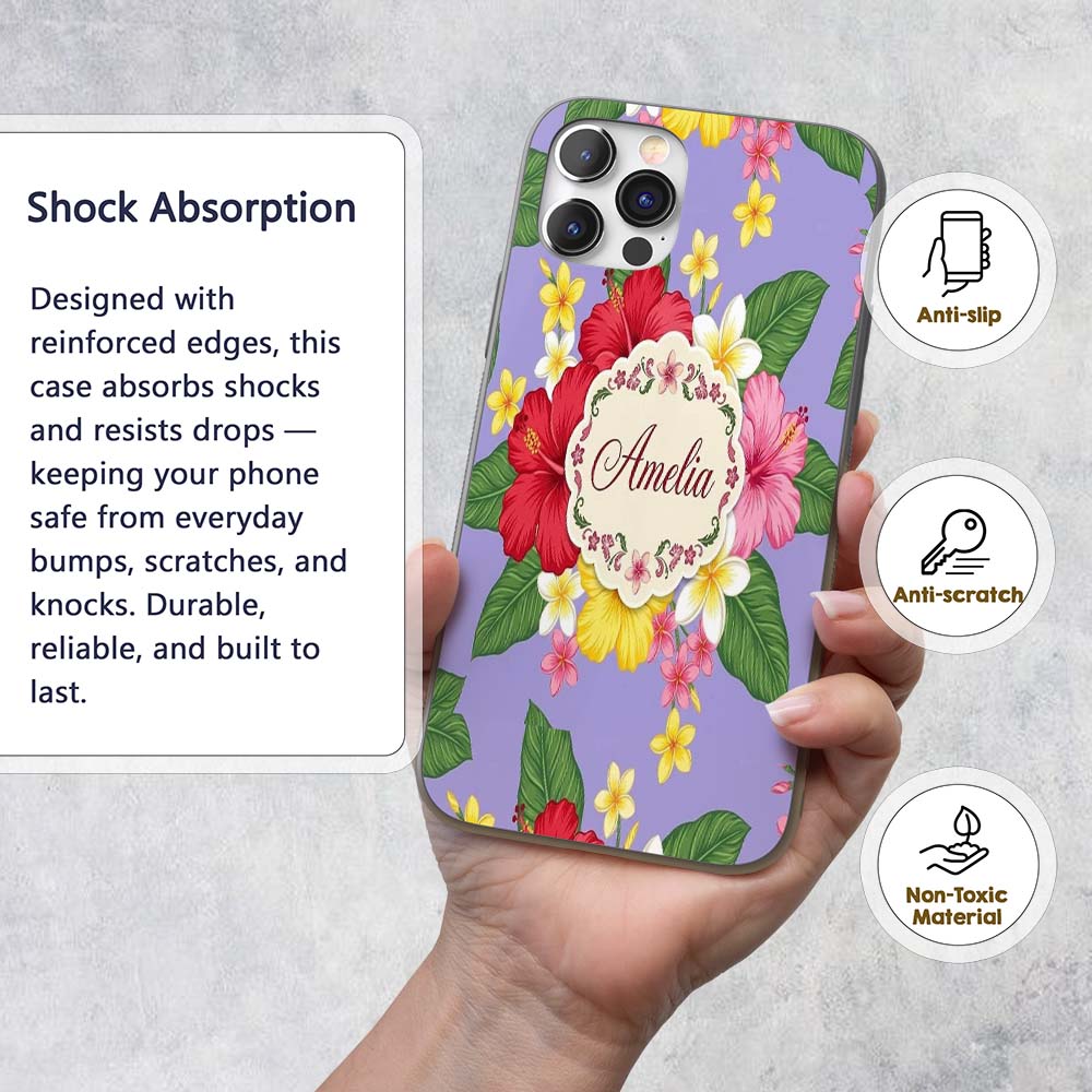 Hibiscus Flowers Plumeria Leaves Exotic Floral Custom Name Protective Phone Case Mobile Cover Durable Everyday Smartphone Shock Resistant
