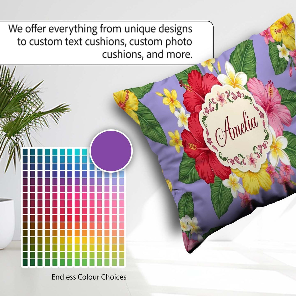 Custom Name Hibiscus Flowers Plumeria Leaves Lavender Seamless Square Filled Cushion Throw Pillow Sofa Bed Home Decor Zip Washable UK Made