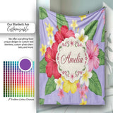 Hibiscus Flowers Plumeria Leaves Exotic Floral Lavender Seamless  Personalised Custom Name Super Soft Fleece Blanket Bed Sofa Throw