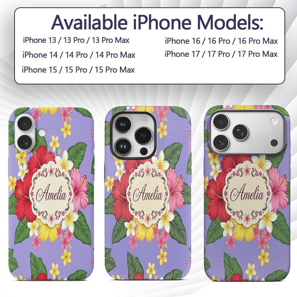 Hibiscus Flowers Plumeria Leaves Exotic Floral Custom Name Protective Phone Case Mobile Cover Durable Everyday Smartphone Shock Resistant
