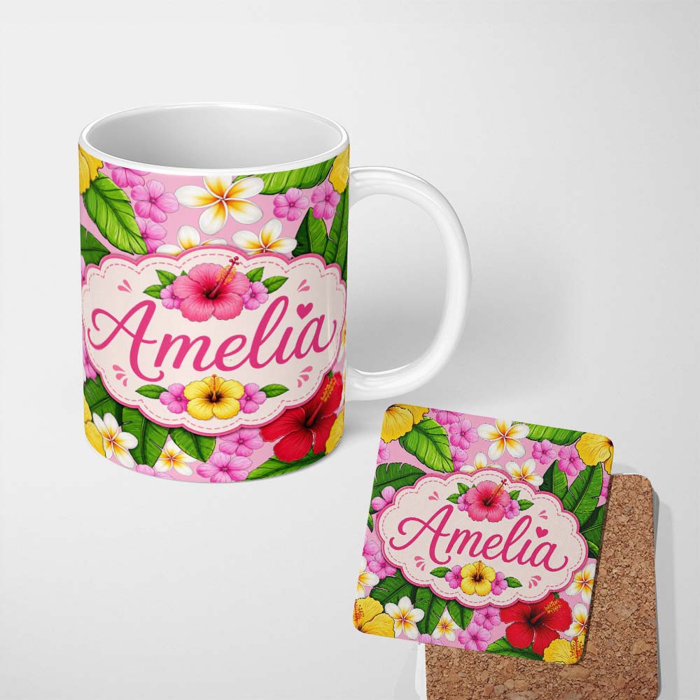 Personalized Custom Name Hibiscus Flowers Plumeria Leaves Exotic Floral Blush Pink Seamless 11oz Ceramic Coffee Tea Mug White Large Handle