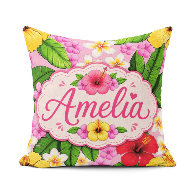 Custom Name Hibiscus Flowers Plumeria Leaves Exotic Floral Blush Square Filled Cushion Throw Pillow Sofa Bed Home Decor Zip Washable UK Made