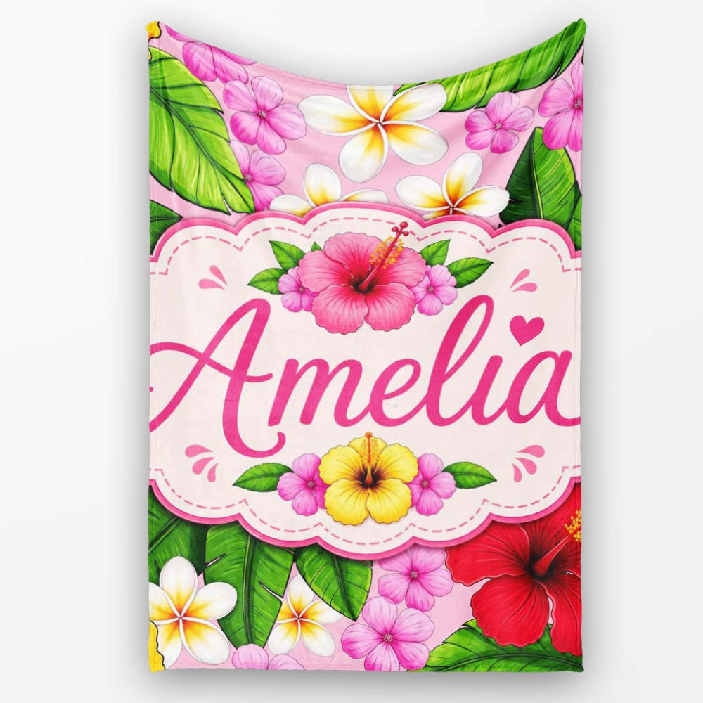 Hibiscus Flowers Plumeria Leaves Exotic Floral Blush Pink Seamless  Personalised Custom Name Super Soft Fleece Blanket Bed Sofa Throw