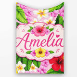 Hibiscus Flowers Plumeria Leaves Exotic Floral Blush Pink Seamless  Personalised Custom Name Super Soft Fleece Blanket Bed Sofa Throw