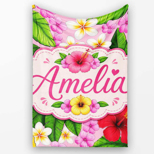 Hibiscus Flowers Plumeria Leaves Exotic Floral Blush Pink Seamless  Personalised Custom Name Super Soft Fleece Blanket Bed Sofa Throw