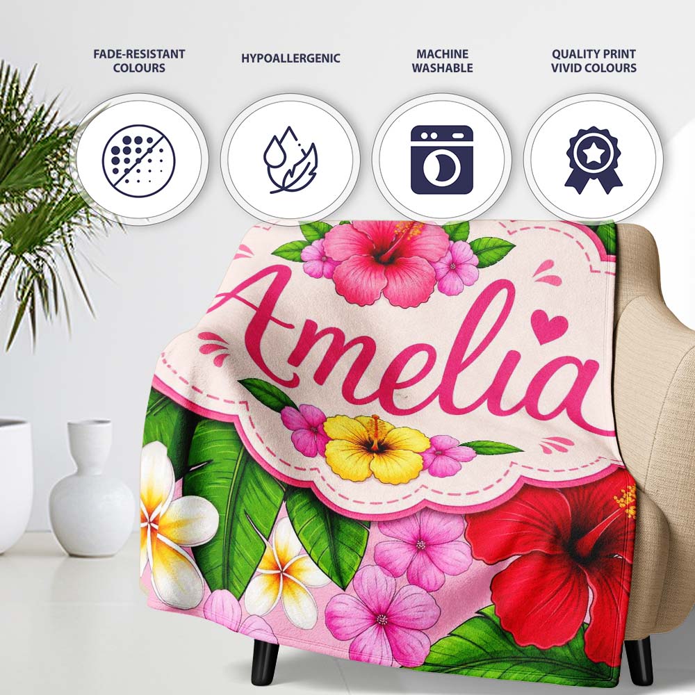 Hibiscus Flowers Plumeria Leaves Exotic Floral Blush Pink Seamless  Personalised Custom Name Super Soft Fleece Blanket Bed Sofa Throw