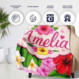 Hibiscus Flowers Plumeria Leaves Exotic Floral Blush Pink Seamless  Personalised Custom Name Super Soft Fleece Blanket Bed Sofa Throw