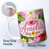 Personalized Custom Name Hibiscus Flowers Plumeria Leaves Exotic Floral Blush Pink Seamless 11oz Ceramic Coffee Tea Mug White Large Handle
