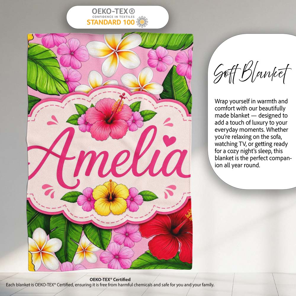 Hibiscus Flowers Plumeria Leaves Exotic Floral Blush Pink Seamless  Personalised Custom Name Super Soft Fleece Blanket Bed Sofa Throw