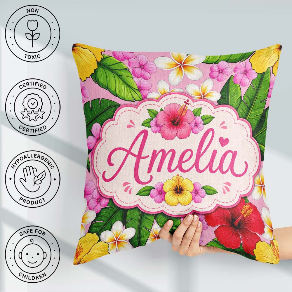 Custom Name Hibiscus Flowers Plumeria Leaves Exotic Floral Blush Square Filled Cushion Throw Pillow Sofa Bed Home Decor Zip Washable UK Made