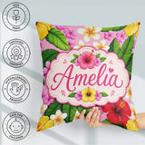 Custom Name Hibiscus Flowers Plumeria Leaves Exotic Floral Blush Square Filled Cushion Throw Pillow Sofa Bed Home Decor Zip Washable UK Made
