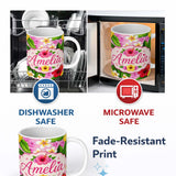 Personalized Custom Name Hibiscus Flowers Plumeria Leaves Exotic Floral Blush Pink Seamless 11oz Ceramic Coffee Tea Mug White Large Handle