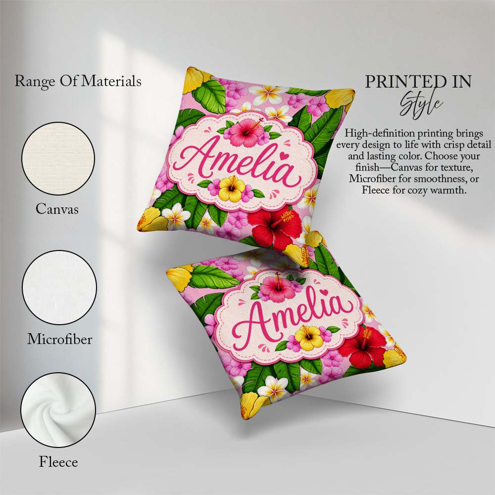 Custom Name Hibiscus Flowers Plumeria Leaves Exotic Floral Blush Square Filled Cushion Throw Pillow Sofa Bed Home Decor Zip Washable UK Made