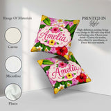 Custom Name Hibiscus Flowers Plumeria Leaves Exotic Floral Blush Square Filled Cushion Throw Pillow Sofa Bed Home Decor Zip Washable UK Made