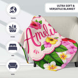 Hibiscus Flowers Plumeria Leaves Exotic Floral Blush Pink Seamless  Personalised Custom Name Super Soft Fleece Blanket Bed Sofa Throw