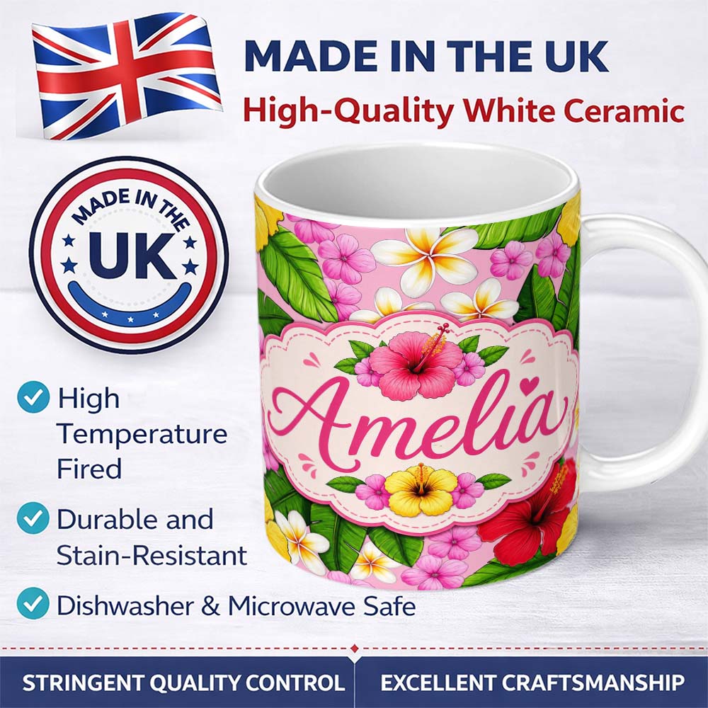 Personalized Custom Name Hibiscus Flowers Plumeria Leaves Exotic Floral Blush Pink Seamless 11oz Ceramic Coffee Tea Mug White Large Handle