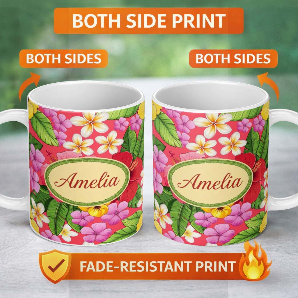 Personalized Custom Name Tropical Hibiscus Flowers Plumeria Leaves Exotic Floral Red 11oz Ceramic Coffee Tea Mug White Large Handle