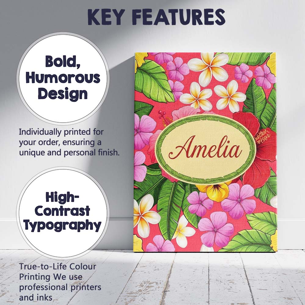 Personalised Name Tropical Hibiscus Flowers Custom  Bespoke Interior Contemporary Canvas Wall Art Print Decor Picture Ready to Hang