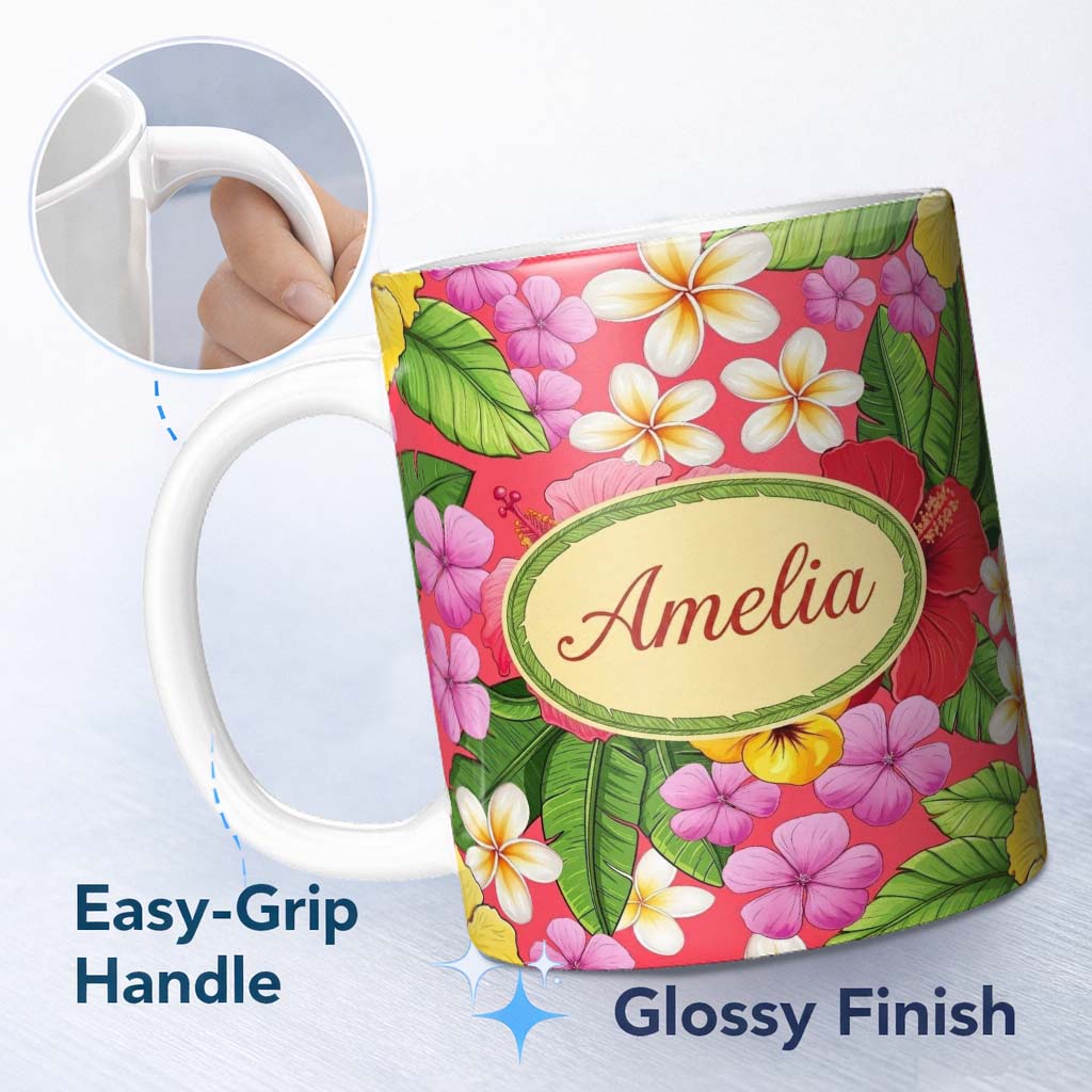Personalized Custom Name Tropical Hibiscus Flowers Plumeria Leaves Exotic Floral Red 11oz Ceramic Coffee Tea Mug White Large Handle