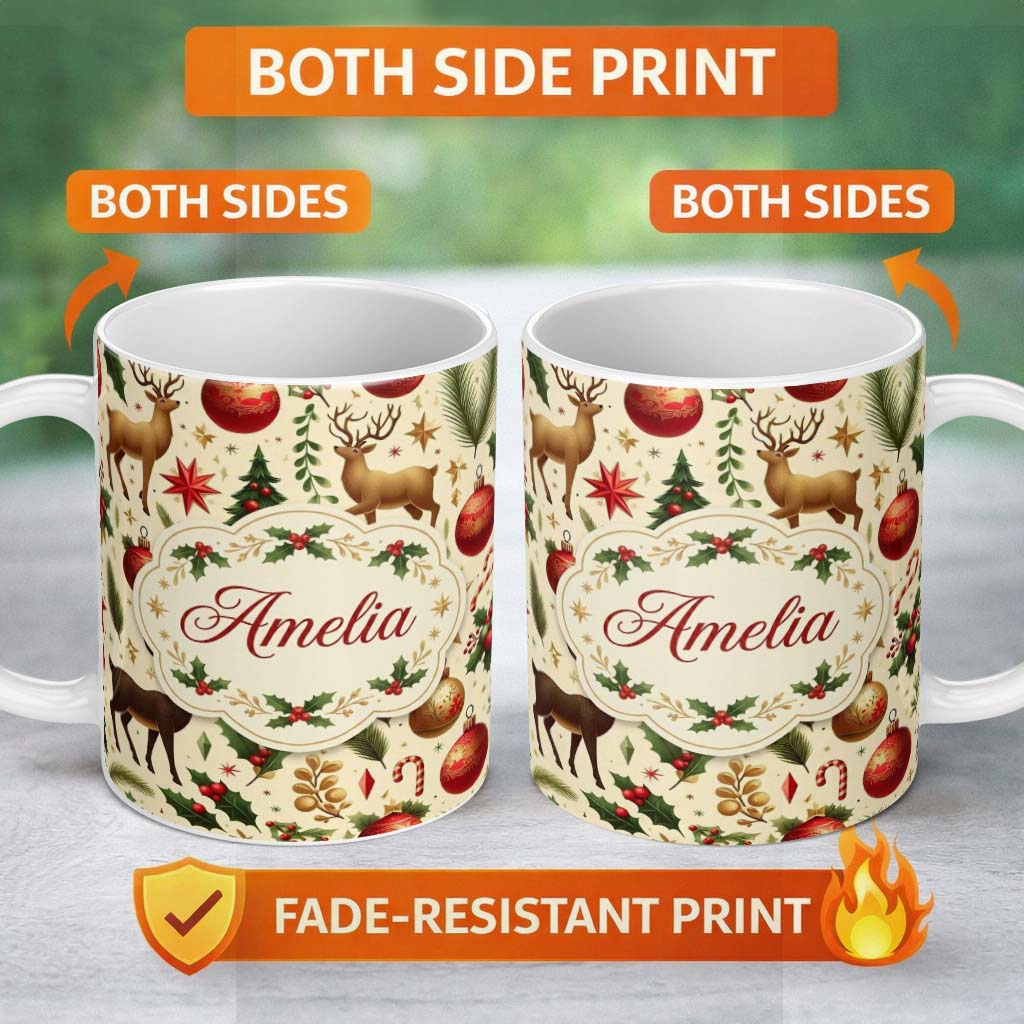 Personalized Custom Name Elegant Christmas Reindeer Ornaments Stars Holly Leaves and Festive 11oz Ceramic Coffee Tea Mug White Large Handle