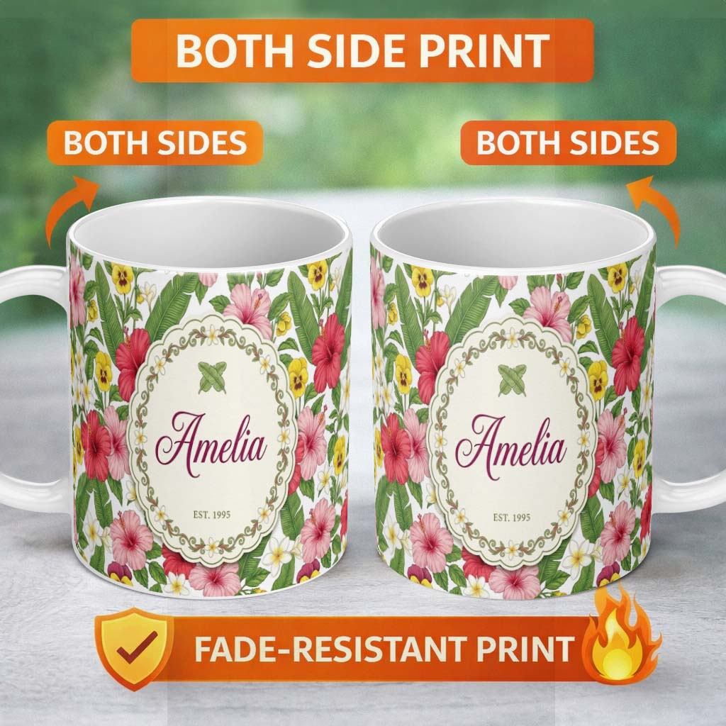 Personalized Custom Name Tropical Hibiscus Flowers Plumeria Leaves Exotic Floral White 11oz Ceramic Coffee Tea Mug White Large Handle