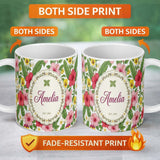 Personalized Custom Name Tropical Hibiscus Flowers Plumeria Leaves Exotic Floral White 11oz Ceramic Coffee Tea Mug White Large Handle