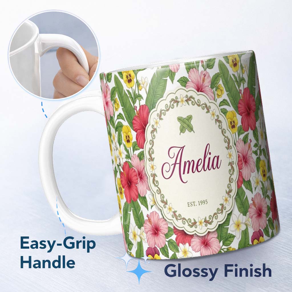 Personalized Custom Name Tropical Hibiscus Flowers Plumeria Leaves Exotic Floral White 11oz Ceramic Coffee Tea Mug White Large Handle