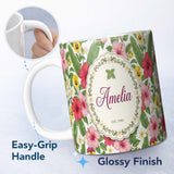 Personalized Custom Name Tropical Hibiscus Flowers Plumeria Leaves Exotic Floral White 11oz Ceramic Coffee Tea Mug White Large Handle